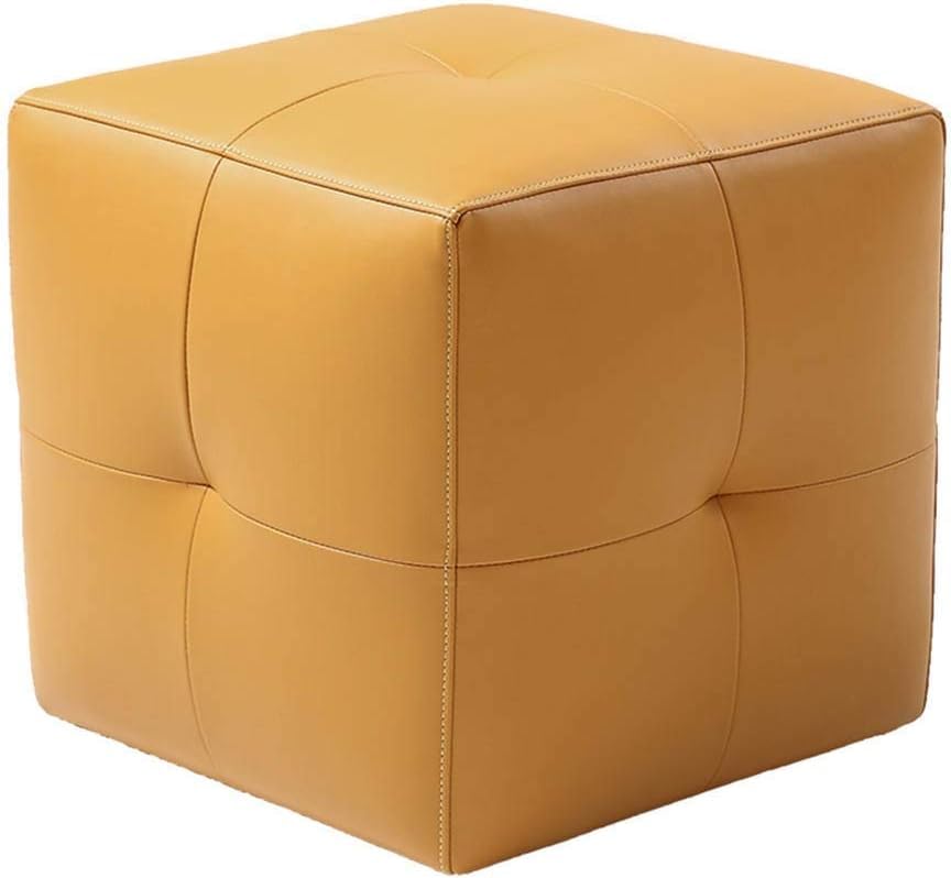 Tabouret de canapé jaune en cuir 42cm | Pouf repose-pieds en bois massif