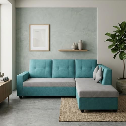 Image of FURNY Nathan 4 Seater L Shape Sofa Set RHS (Sky Blue-Light Grey) | Suede Velvet Finish | Durable Comfort Sofa for Modern Living Room & Office Spaces
