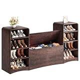 Meowloday Shoe Cabinet with Bench, U-Shaped Shoe Storage Bench, Wooden Entryway Bench with Shoe Rack, 63' W Bench Cabinet with Adjustable Shelves for Entryway, Hallway, Living Room, Walnut