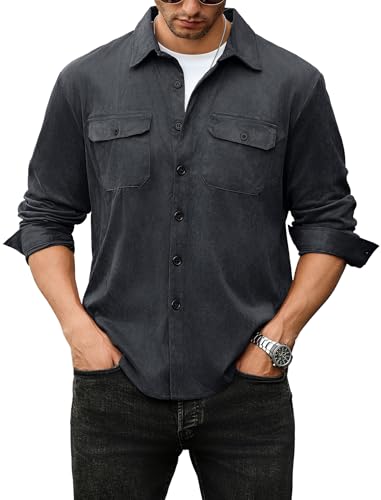 Image of ZAFUL Men's Faux Suede Button Down Shirts Jacket Lightweight Shirt Jacket Long Sleeve Work Coat Solid Color Overshirt
