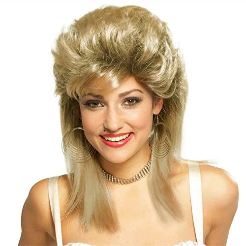 Image of Swiking Blonde Mullet Wigs for Women 80s Costume Wig Curly Soft Heat Resistant Shoulder Length Hair Rocker Cosplay Synthetic Wigs (Blonde)
