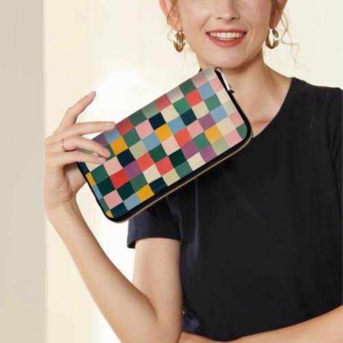 Image of Women's Wallets Credit Card Holder Money Leather Long Wallet | Long wallet with Wristlet,Large Capacity with Zip-Around Phone Purse for Women Ladies Girls,Colorful Retro Checkerboard