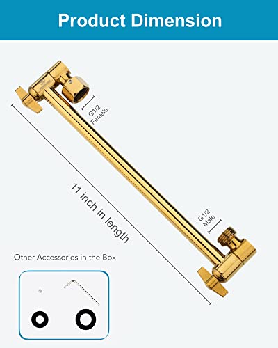 11 Inch Egyptian Gold Adjustable Shower Head Extension Arm With Locking Set Screw, Singing Rain Solid Brass Angle Height Adjustable, Easy To Install, G1/2 Universal Connector Compatibl #TOP2