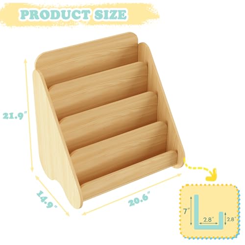Image of Lkeiyay Montessori Kids Bookshelf, Wooden 4-Tier Front Facing Book Organizer for Nursery Classroom Kids Room