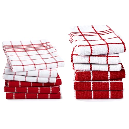 Image of Encasa XO Kitchen Towels and Dish Cloths Sets | Red Combo Highly Absorbent Cotton Terry Towels | 70x45 cm | Multipurpose for Washing Dishes and Cleaning Pack of 12