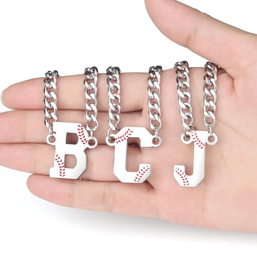 QINJIEJIE Initial Baseball Necklace for Men A-Z Letter Necklaces Sports Accessories Drip Baseball Charm Pendant Jewelry Stainless Steel Silver Chain 22inch Personalized Gift for Men Lover Fans3