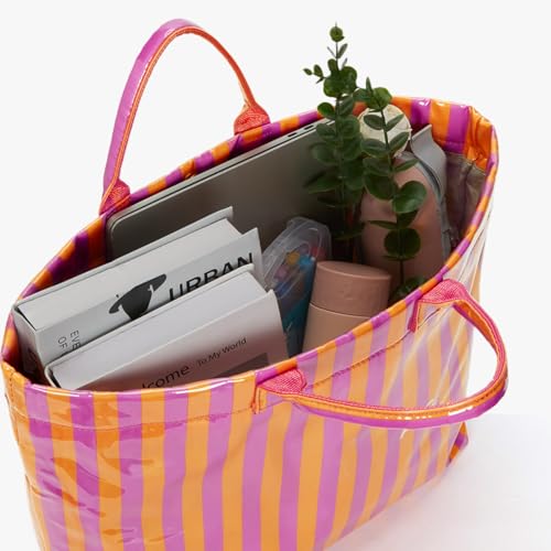 Image of Lushandy Striped PVC Tote Bag for Women, Waterproof Plastic Tote Bag for Beach Pool Large Top Handle Travel Hobo Handbag | Waterproof Material
