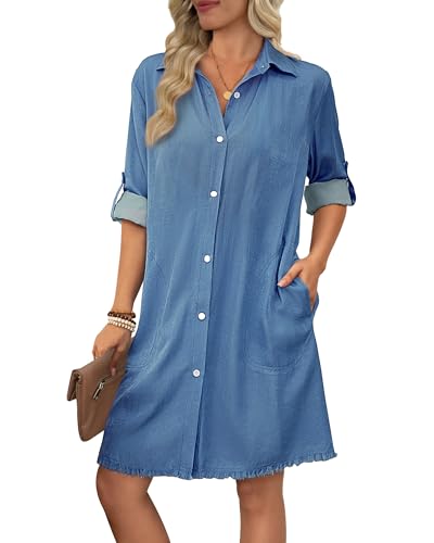 Bsubseach Women Denim Shirt Dress Long Sleeve Button Down Casual