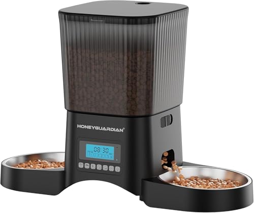 HoneyGuaridan Distributore Automatico Cibo Gatti,3.5L Dispenser Cibo Gatti con Timer,Programmable Porzione (6 Pasti/Giorno),Registrazione Vocale 10s,Doppia Alimentazione,4 piedini antiscivolo,Stabili