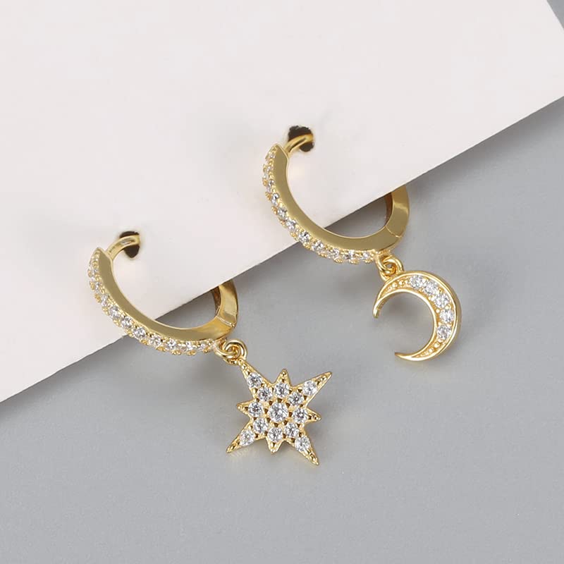 14K Gold Moissanite Moon Star Hoop Earrings for Women,Minimalist Moon and Star Style Huggie Earrings,Fashion Jewelry Gift for Her4
