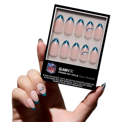 Glamnetic x Fanatics Press On Nails - Philadelphia Eagles | Short Almond Fake Nails, NFL Eagles Green French Tips, Football Nails, Salon-Quality | 15 Sizes - 30 Nail Kit with Glue