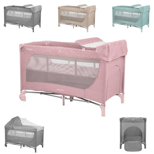 Kikkaboo Reisebett Medley Plus 2 Ebenen Matratze Moskitonetz Wickelauflage Räder, Farben:rosa