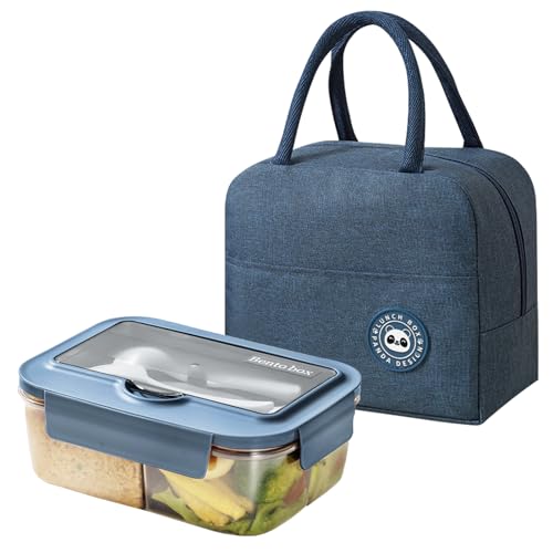 BRYN 1400ml Porta Pranzo Ermetico con Borsa Termica Porta Pranzo, Bento Lunch Box Microonde con Maniglia, Portapranzo con Scomparti e Posate, per Picnic, Campeggio, Fitness, Scuola, Ufficio（Blu）