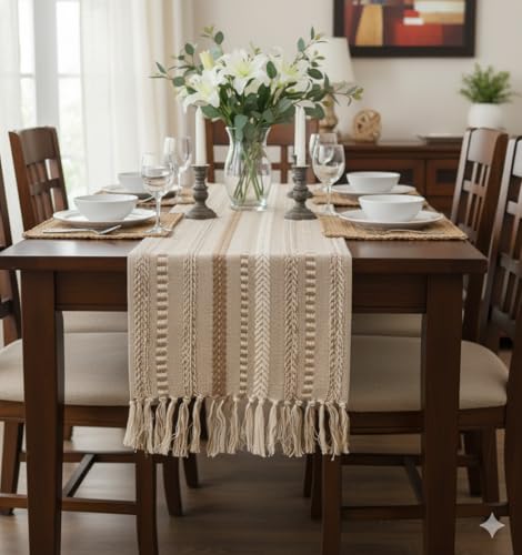 Image of E-EZRA Premium Cotton Table Runner Cream Brown Long Ethnic Table Home Decor Thread Traditional Dining Table Cloth Runner Up | 72 By 14 Inches Decorative Tablemats Handcrafted Parties, Events