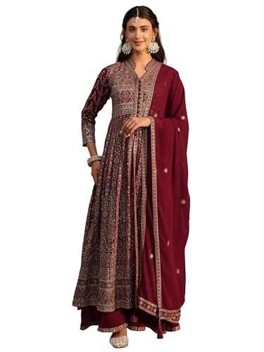 Image of Libas Art Embroidered Georgette Anarkali Kurta With Palazzos and Dupatta | ethnic wear | bridal suit | occasion wear