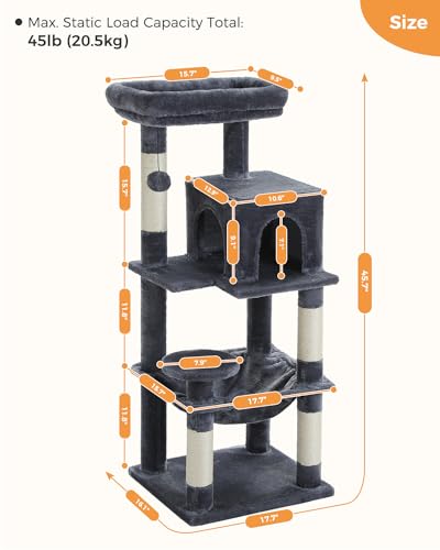 Image of MUTTROS Cat Tree for Indoor Cats, 45.7 inch Multi-Level Cat Tower with Large Metal Frame Hammock, Cat Condo with 4 Scratching Posts and Top Perch for Small Medium Cat, Dark Grey