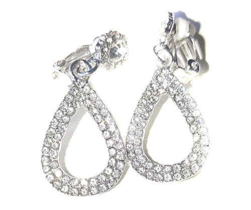 Clip-on Earrings Teardrop Crystal Rhinestone Dangle Earrings Gold or Silver Tone 2 inch L