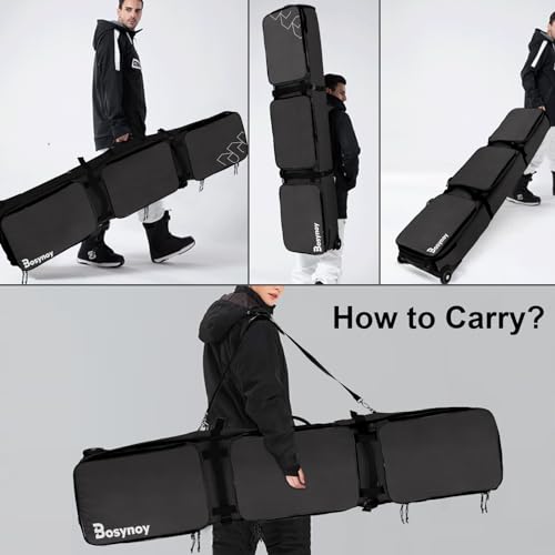 Bosynoy Ski Bag with Wheels, Waterproof Roller Snowboard Bag for Flying Air Travel, 164cm (Extendable to 175 cm) Durable Padded Ski Boot Bag Storage Ski Board Boots, Helmet, Jacket, Black