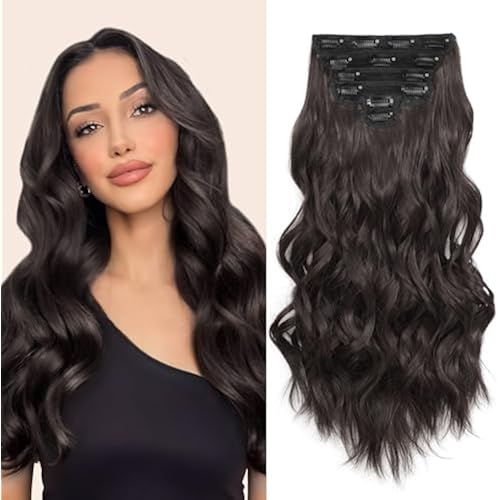 Clip in Hair Extensions for Women Dark Brown Wavy Hair Extensions