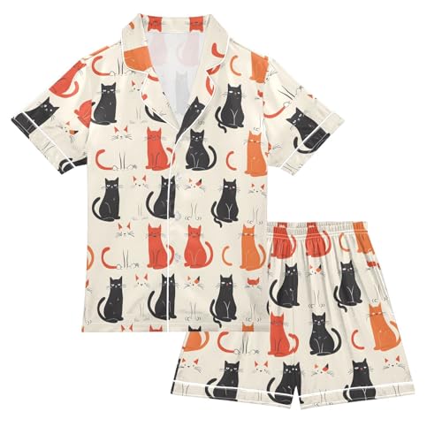 ALAZA Cat Kitten Animal Line Satin Pajamas Set Short Sleeve Button Down Sleepwear Summer Pjs 2 Piece