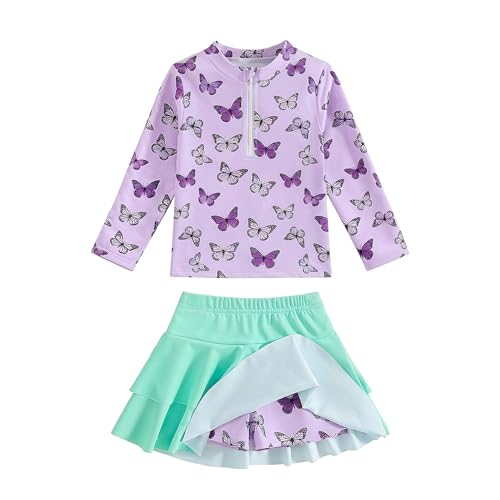Image of Girls Rash Guard Swimsuit Set UPF 50+ Long Sleeve Two Piece Swimwear Half Zip with Skirt Bottom for Kids 3-10Y