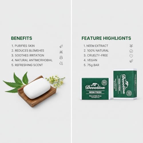 Image of Devotion NEEM FRESH Natural Bath Soap - Pack of 6 (75g each) | Neem Extract | Gentle Cleansing & Nourishing