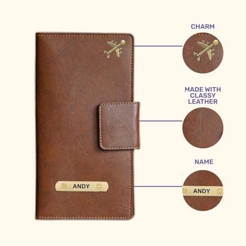 Image of Customized Travel Wallet with Name Engrave | Personalised Passport Holder for Women | Customised Passport Cover for Men and Women | Travel Organizer Gift Wallet (Brown)