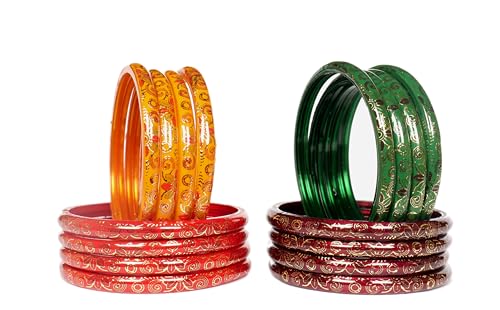 Image of Swara Creations Red Green Mehrun Yellow Bangles for Women /Digital Prints Bangles /Light Shiny Prints /Glass Bangles (16Pcs)(SKU270)