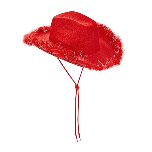 Edhomenn Women Felt Cowboy Hat Fluffy Feather Trim Cowgirl Hat Fancy Dress Up Role Play Cosplay Party Accessory (B-Red 32cm*42cm*18cm)