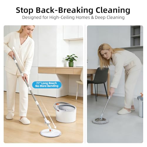 3-in-1 Spin Mop and Bucket Set with Clean Water Separation, 71” Extra Long Handle for Wall Cleaning, 3 Specialized Heads for Baseboards & Corners, 6 Microfiber Refills for Hardwood Floor Care — view 2