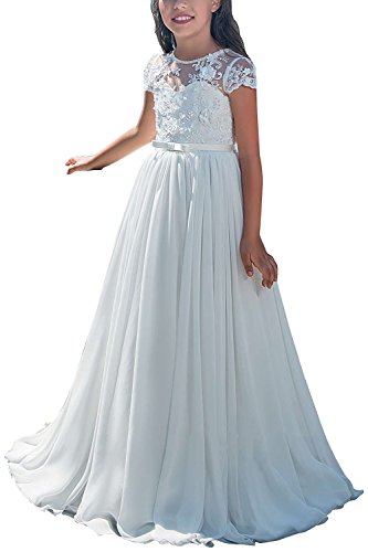 HYGLJL White Lace Chiffon Flower Girl A-Line Dress Wedding Beach Kids Holy Communion Gowns