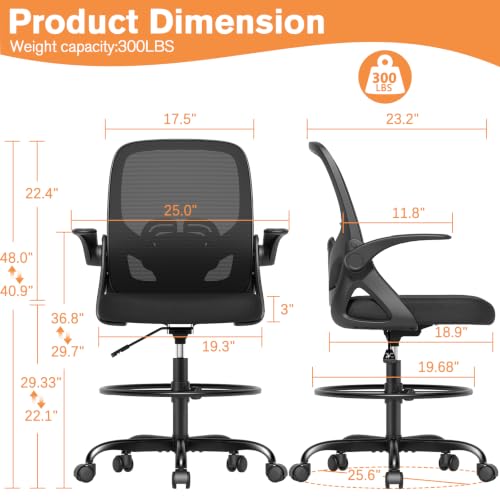 Image of ORRSAKER Drafting Chair, Tall Office Chair with Flip-up Arms, Mesh Ergonomic Computer Standing Desk Chair with Adjustable Height Foot Ring and Lumbar Support, 300 LBS Capacity, Black