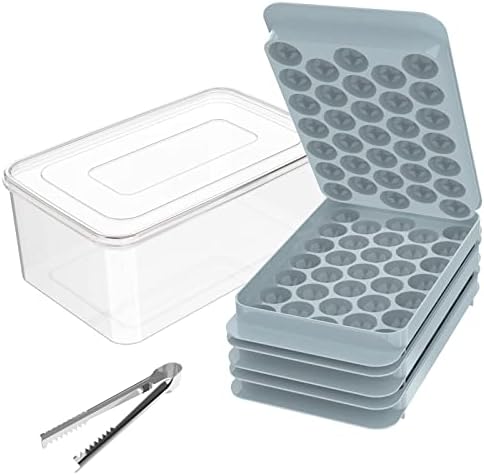 DZHJKIO Round Ice Cube Trays for Freezer with Cover & Bin, 3 Packs 1In Small Circle Ice Ball Maker Mold, BPA Free Ice Tray for Cocktail & Whiskey (3 Sphere Trays & 1 Container & Ice Tongs) (Blue)…