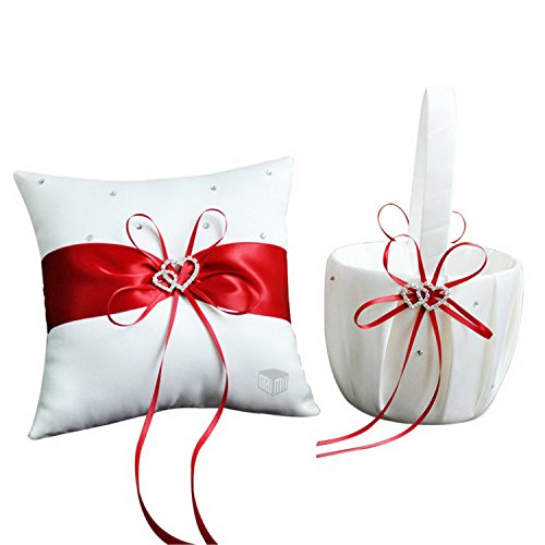 MAYMII 2 Heart Rhinestones Ivory Satin Wedding Flower Girl Basket and Ring Pillow