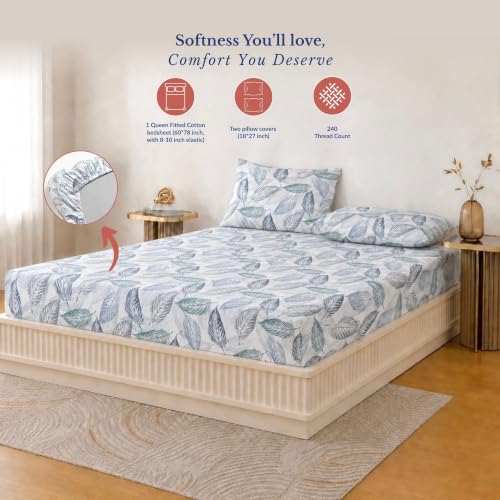 Image of Jaipur Weaves Queen Size Fitted Bedsheet Cotton with Elastic, 100% Pure Cotton Double Bed Fitted Sheet with 2 Pillow Covers, 240 TC, 60x78 Inches up to 8-inch Mattress, Leafy Design - (Tealish Blue)