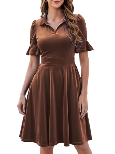 Image of Mokayee Womens Summer Ruffle Sleeve Collared V Neck Fit and Flare Elegant A line Swing Dresses with Pockets