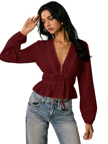 Image of Shasmi Women's Solid Deep V Neck Cotton Long Bishop Sleeve Drawstring Waist Ruffle Hem Peplum Top | Blouse | Casual Boho Cottagecore Shirt for Office, Vacation & Daily (Top 304)