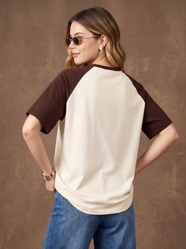 Image of JUNEBERRY 100% Pure Cotton Oversized Baggy Fit Drop Shoulder Round Neck Graphic Printed Raglan Sleeve T-Shirt for Women (Sizes: S to 2XL)