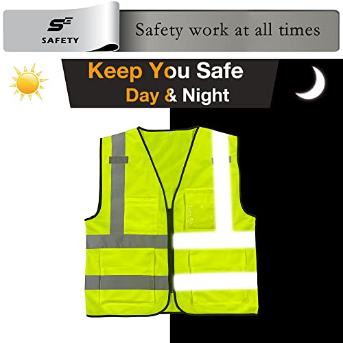 Sesafety Reflective Safety Vest With Pockets And Zipper, High Visibility Construction Vest, Hi Vis Vest, Ansi Class 2, Yellow, L #TOP4