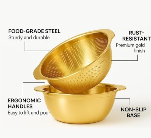 Image of Golden Stainless Steel Colander with Bowl Set | Multipurpose Kitchen Strainer & Drainer | Rust-Free Durable Vegetable Fruit Rice Pasta Washing Bowl | Elegant Serving & Storage Use (Combo)