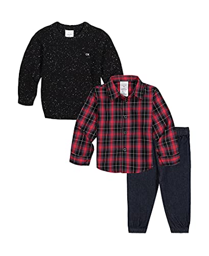 Calvin Klein Boys' 3-Piece Sweater Set With Matching Button-Down Shirt And Pants, Deep Black, 18 Months #TOP1