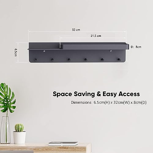 Honsdom Schlüsselbrett mit Ablage und 6 Haken, Schlüsselregal Schwarz Organizer Schlüsselablage, Schlüsselboard ohne Bohren Wandmontage für Eingangsbereich, Flur, Küche