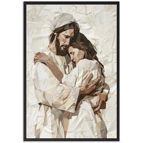 Jesus Embracing Woman Canvas Wall Art Christian Heals Beige Texture