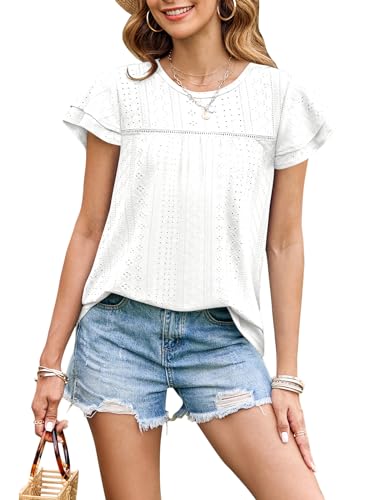 Zwurew Womens Summer Tops Crewneck Eyelet Ruffle Sleeve Blouses Casual Babydoll Shirts 2025 S-2XL4