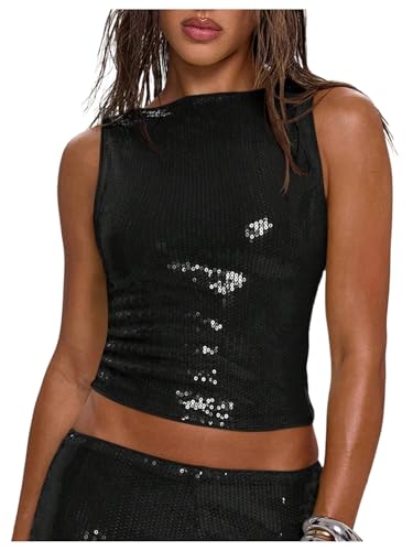 MakeMeChic Women's Sequin Sparkly Tank Crew Neck Sleeveless Party Crop Tops Clubwear Black Medium