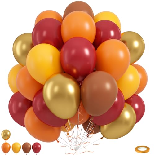 Image of Fall Balloons, 12Inch Orange Yellow Brown Burgundy and Gold Balloons for Autumn Harvest Happy Thanksgiving Baby Shower Birthday Party Decorations