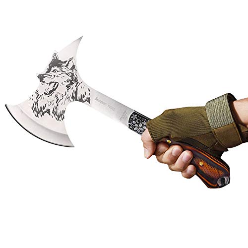image for LIANTRAL Camping Hatchet Axe Etched Wolf Head Stainless Steel with Woo