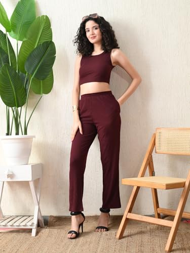 Image of Women's Maroon Ribbed Sleeveless Co-ord Set | Stylish Crop Top & High-Waist Pants