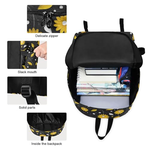 Yellow Floral Print Backpack Set with Lunch Bag, Large Capacity Travel Backpacks and Lunch Box Insulated for Commute Hiking Picnic3