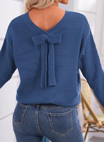 Image of EVALESS Sweaters for Women Long Sleeve Fall Outfits 2026 Back Bow Knot Sweaters Round Neck Solid Knit Pullover Tops